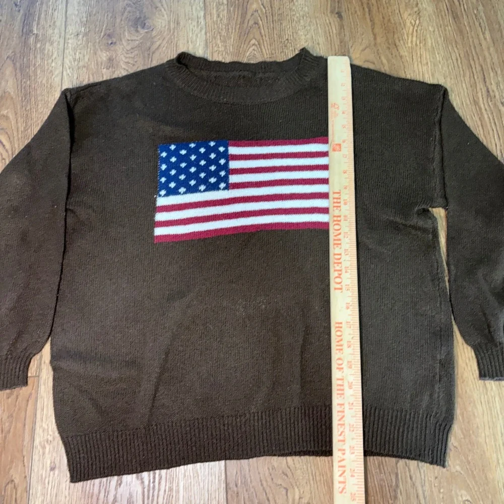 American Flag Knit Sweater Brown Crewneck Long Sleeve Americana Womens L cozy